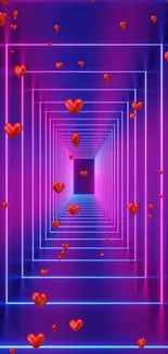 Neon tunnel with floating red hearts and vibrant colors.