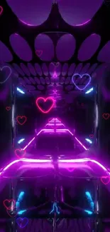 Colorful neon heart tunnel wallpaper with purple and pink lights.