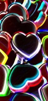 Neon hearts glowing in vibrant colors.