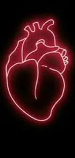 Neon red heart glowing on a dark background.