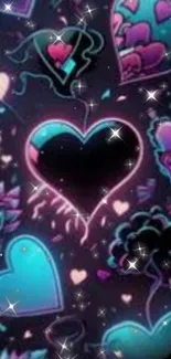 Neon heart wallpaper with sparkle and vibrant colors.