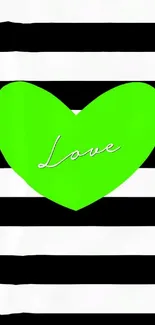 Neon green heart with 'Love' over black and white stripes.