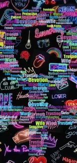 Neon heart wallpaper with vibrant colors and positive text on black background.