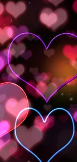 Vibrant neon heart outlines on a dark background.