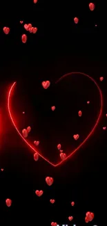 Neon red heart and heartbeat design with glowing particles on black background.