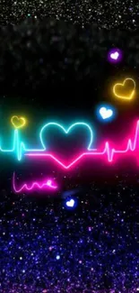 Neon heartbeat and heart design mobile wallpaper.