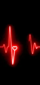 Neon red heartbeat with heart on dark background