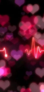 Neon heartbeat with glowing pink hearts on black background.