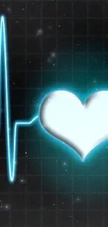 Neon heart and pulse line wallpaper in blue glow on dark background.