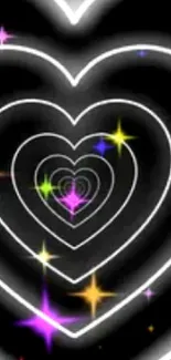 Neon hearts with stars on a black background.