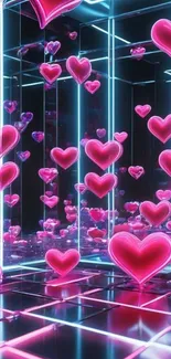 Neon pink hearts in a mirrored 3D space wallpaper.