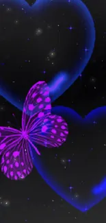 Glowing blue hearts with a pink butterfly on a dark background.