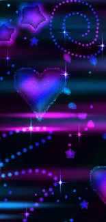 Vibrant neon hearts and stars wallpaper with a dark blue background.