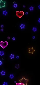 Mobile wallpaper with neon hearts and stars on a black background.