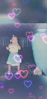 Child with neon hearts overlay, teal vase, nostalgic vibe.