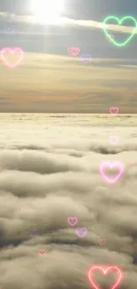 Cloudscape with neon hearts in the sky.