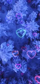 Blue forest with neon heart shapes among snowy trees.