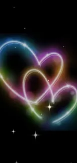 Vibrant neon hearts on black background mobile wallpaper.