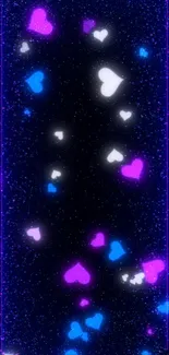 Neon hearts glowing on a dark background in a vibrant mobile wallpaper.