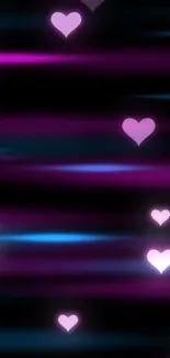 Vibrant neon hearts wallpaper with glowing pink and blue on a dark background.