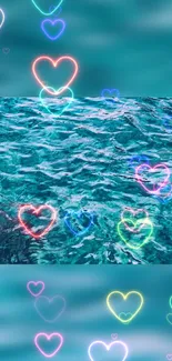 Neon hearts overlaying a turquoise ocean background, creating a vibrant and calming effect.