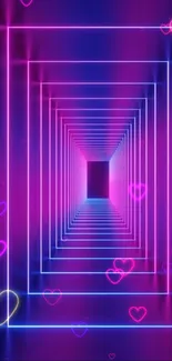 Vibrant neon hearts tunnel wallpaper with pink and blue glowing effects.