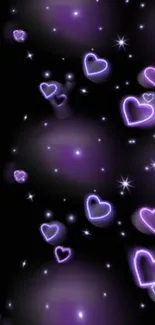 Neon purple hearts on a dark background mobile wallpaper.