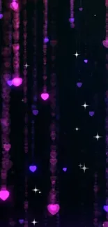 Neon hearts and stars cascading down a dark background.