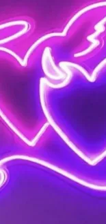 Neon hearts glowing on a purple background.