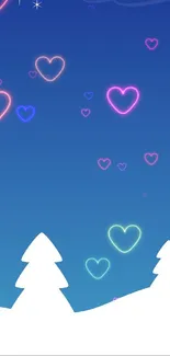 Neon hearts floating over a blue winter forest scene.