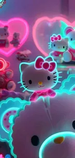 Neon-themed Hello Kitty wallpaper with plush toys and heart shapes.