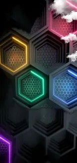 Vibrant neon hexagons with clouds on a dark background.