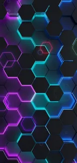 Vibrant neon hexagon wallpaper in purple, blue, and teal hues.