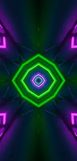 Neon green and purple hexagon kaleidoscope design.