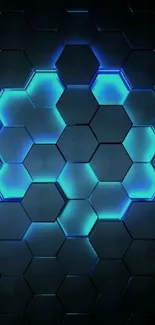 Vibrant neon hexagon design with a glowing blue pattern.