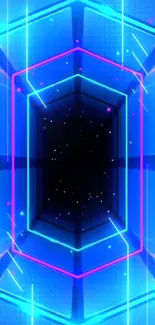 Bright neon hexagon tunnel with blue and pink hues on a mobile wallpaper.