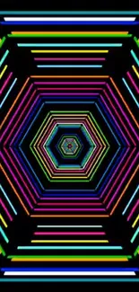 Vibrant neon hexagon wallpaper with colorful geometric lines on black background.