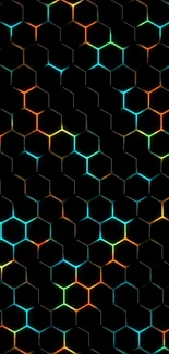 Neon hexagonal pattern with blue and orange gradients on black background.