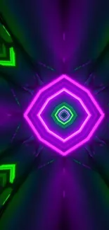 Neon hexagonal pattern wallpaper with vivid purple and green colors.