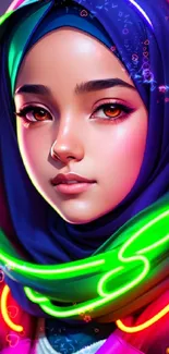 Digital artwork of a woman in neon hijab with headphones.