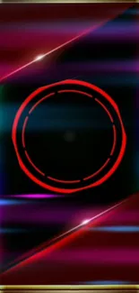 Neon wallpaper with red circle and colorful streaks on black background.