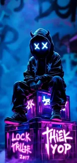 A neon hooded figure with glowing eyes sitting on crates.