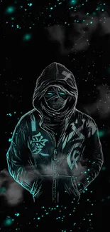 Neon hooded figure on dark cosmic background.