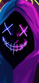 Mysterious neon hooded figure with a vivid smile in a dark, colorful setting.