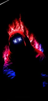 Neon hooded figure with glowing eyes and flames on a black background.