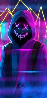 Neon hooded figure in vibrant colors with a mysterious urban background.