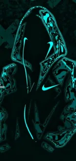 Neon hooded jacket with cyan glow on dark background wallpaper.