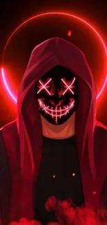 Neon hooded mask with red glow against dark background.