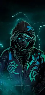 Neon hooded figure with electrifying blue and teal lightning in the background.