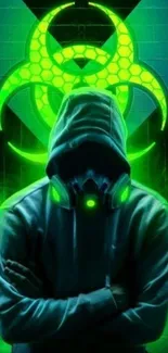 Hooded figure with neon green glow and sci-fi theme.